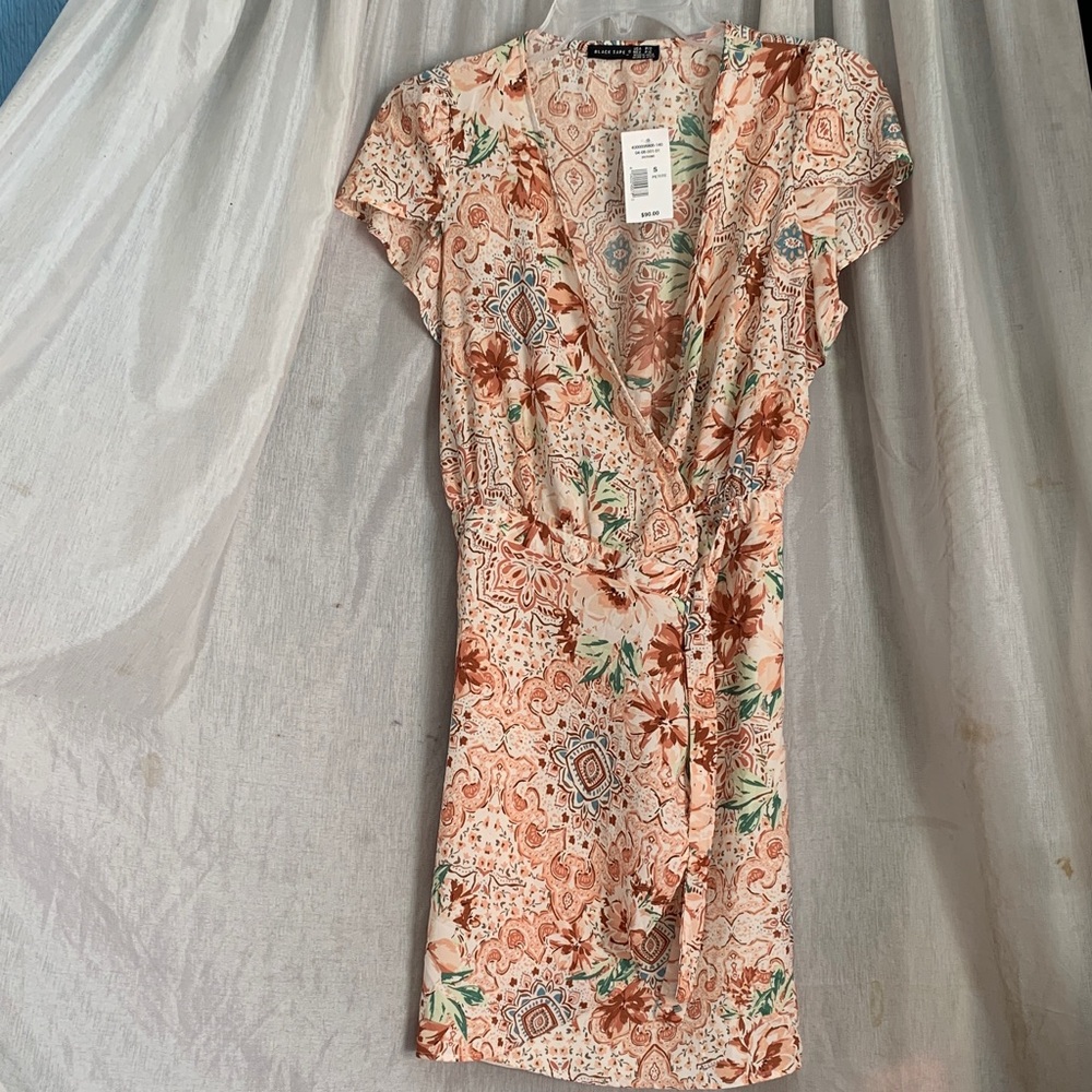 Black Tape_ Peach Floral Paisley Wrap Midi Dress
